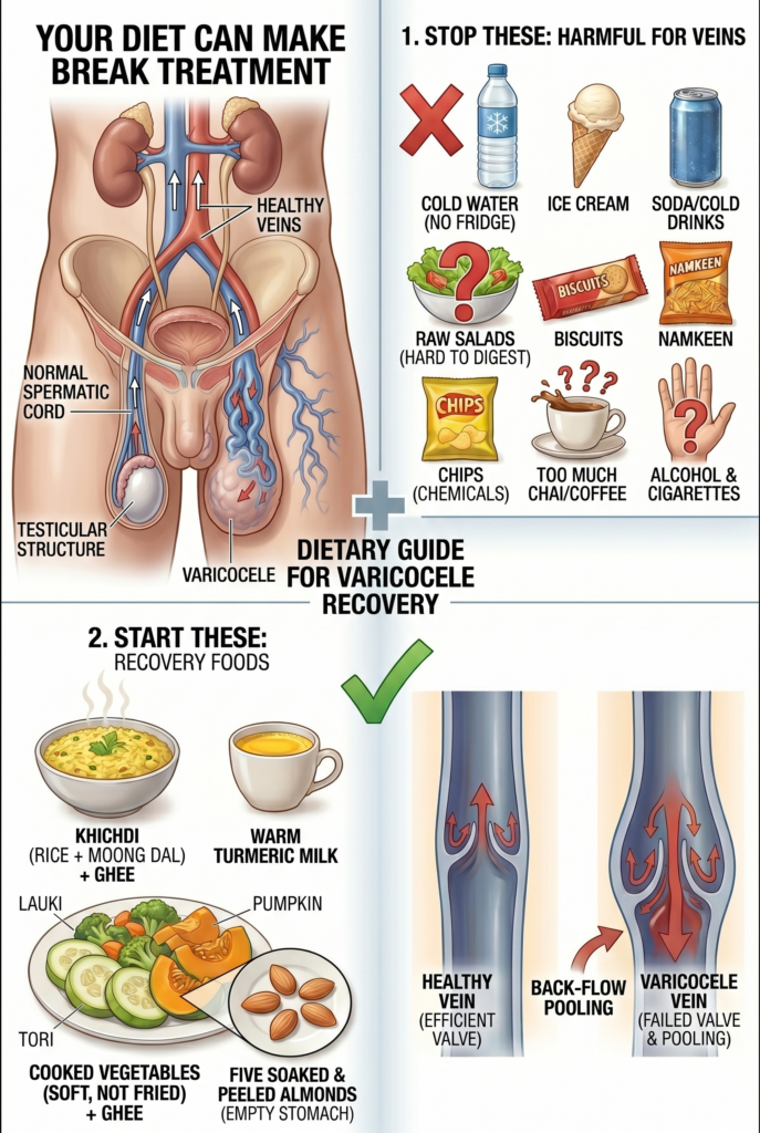 Look. You want varicocele treatment without surgery to work? Then change your food. Simple. I have seen people take ayurvedic medicine for varicocele and still eat crap. Then they ask why nothing is happening. What do you expect? So listen. Stop cold water. Right now. No fridge water. No ice cream. No cold drinks. Anything cold kills your digestion. Stop raw salads. I do not care what the gym trainer says. Raw food is hard on your stomach. You need warm cooked food. Your body is not a cow. Stop biscuits. Stop namkeen. Stop chips. That stuff is garbage. No nutrition. Just chemicals. Stop too much chai and coffee. One cup is okay. More than that? You are drying up your veins. They are already weak. Why make them worse? Stop alcohol. Stop cigarettes. Just stop. Completely. During your varicocele natural treatment, you cannot have them. Not even one. Now what to start. Eat khichdi. Rice and moong dal. Cook with ghee. Eat it for dinner. Most days. It is light. It heals your gut. Drink warm milk with turmeric. Every night. Before sleep. No excuse. I do not care if you do not like it. Drink it. Eat cooked vegetables. Lauki. Tori. Pumpkin. Carrots. Beetroot. Do not fry. Just cook soft. Add ghee. One spoon. On your rotis or in dal. Ghee is not fat. It is medicine. It lubricates your veins. Soak five almonds at night. Peel in the morning. Eat on empty stomach. Do this every day. That is it. These small things. They make how to treat varicocele without surgery actually work. Otherwise you are just wasting time and money.